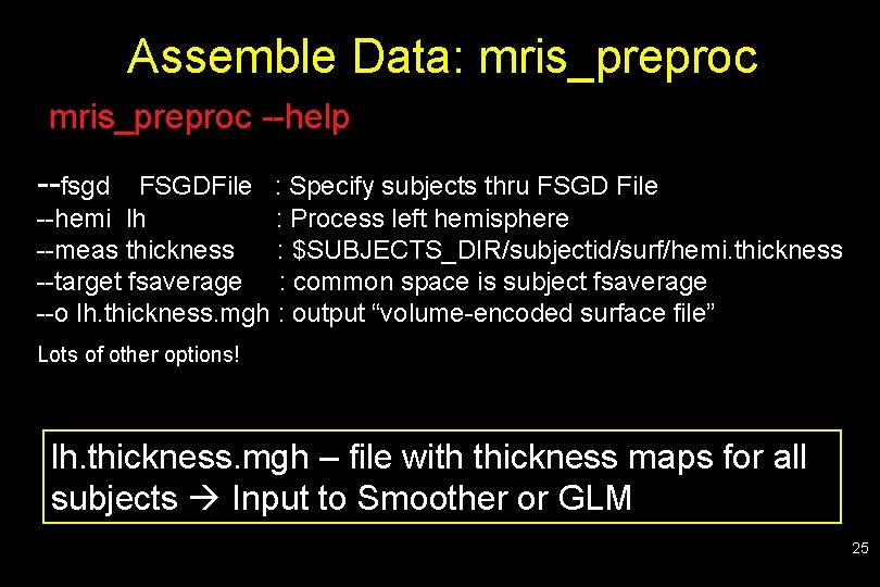 Assemble Data: mris_preproc --help --fsgd FSGDFile : Specify subjects thru FSGD File --hemi lh