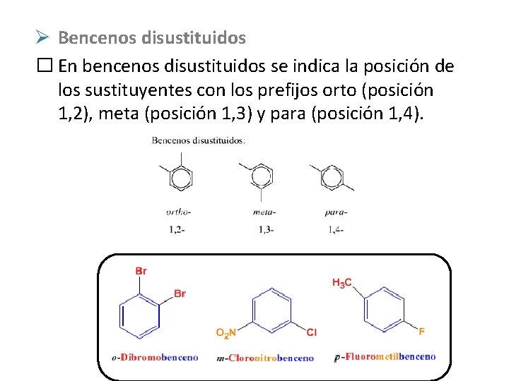 Ø Bencenos disustituidos � En bencenos disustituidos se indica la posición de los sustituyentes