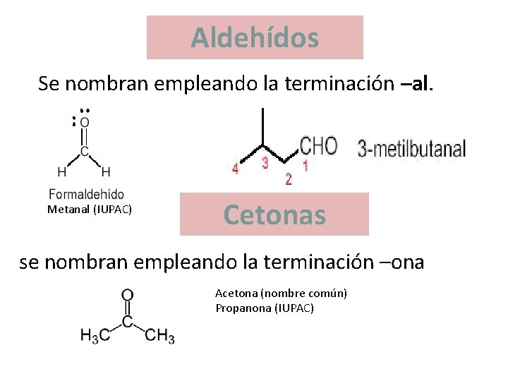 Aldehídos Se nombran empleando la terminación –al. Metanal (IUPAC) Cetonas se nombran empleando la