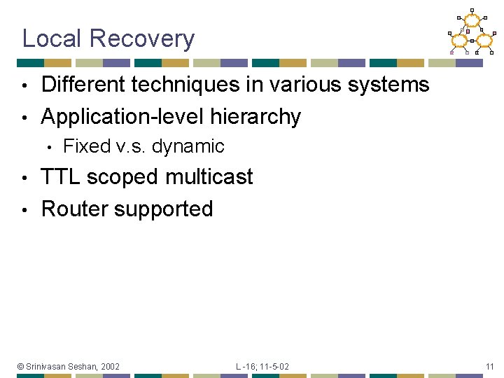 Local Recovery Different techniques in various systems • Application-level hierarchy • • Fixed v.