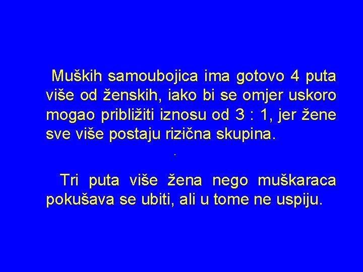 Muških samoubojica ima gotovo 4 puta više od ženskih, iako bi se omjer uskoro