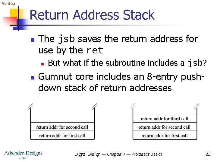 Verilog Return Address Stack n The jsb saves the return address for use by