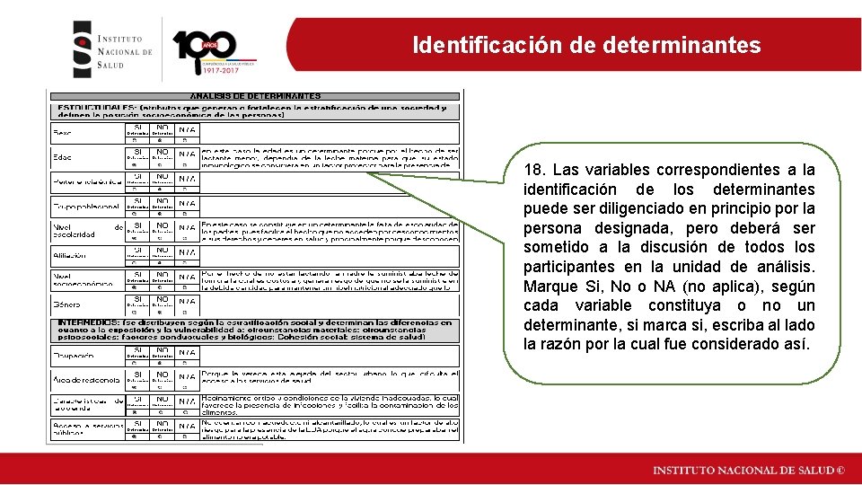 Identificación de determinantes 18. Las variables correspondientes a la identificación de los determinantes puede