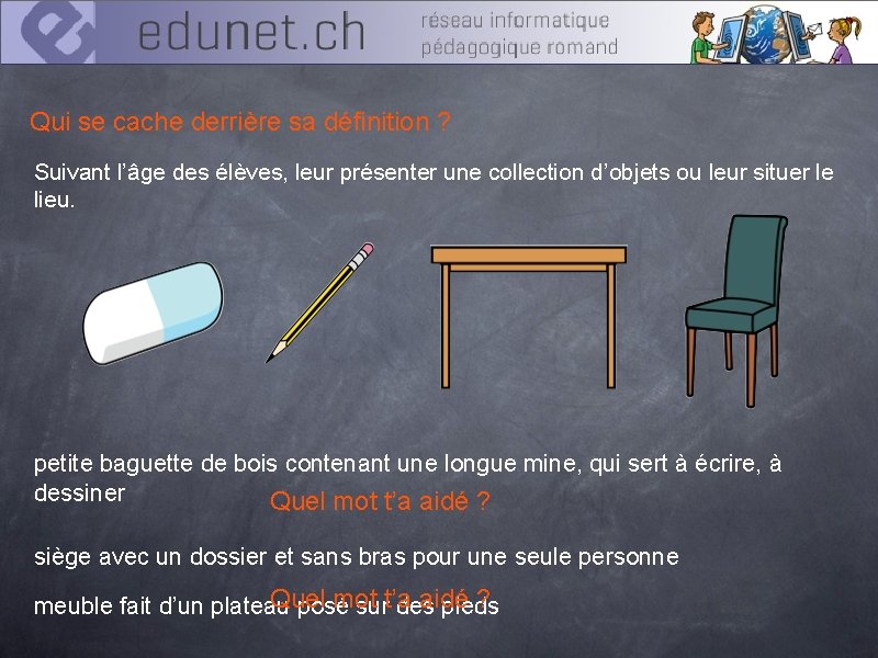 Qui se cache derrière sa définition ? Suivant l’âge des élèves, leur présenter une