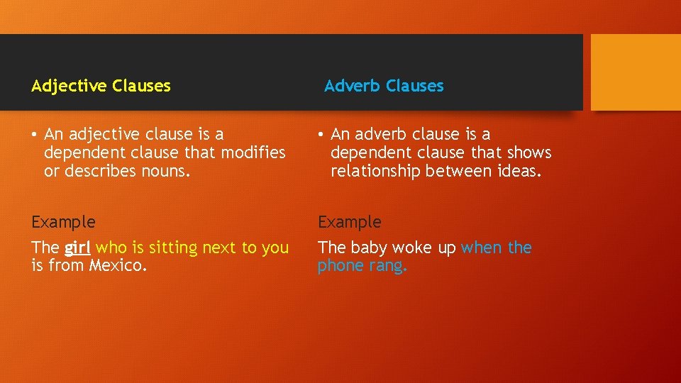 Adjective Clauses Adverb Clauses • An adjective clause is a dependent clause that modifies