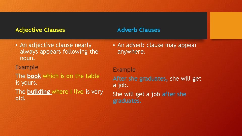 Adjective Clauses • An adjective clause nearly always appears following the noun. Example The