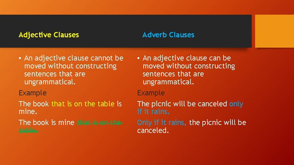 Adjective Clauses • An adjective clause cannot be moved without constructing sentences that are