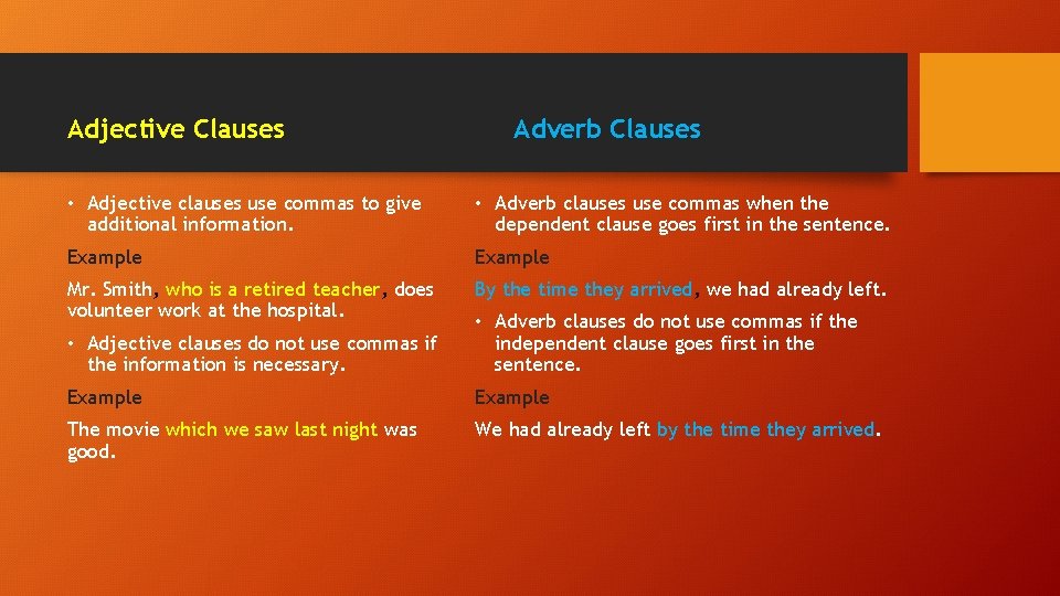 Adjective Clauses Adverb Clauses • Adjective clauses use commas to give additional information. •