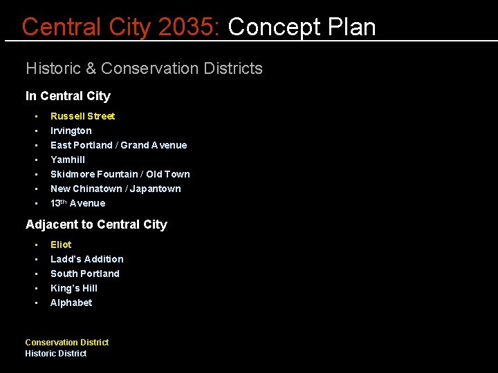 Central City 2035: Concept Plan Historic & Conservation Districts In Central City • •