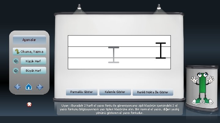 I Aşamalar Okuma, Yazma Küçük Harf Büyük Harf Parmakla Göster Kalemle Göster Renkli Nokta