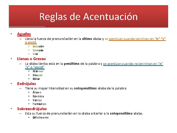 Reglas de Acentuación • Agudas – Lleva la fuerza de pronunciación en la última