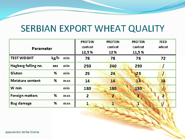 SERBIAN EXPORT WHEAT QUALITY Parameter PROTEIN content 12, 5 % 12 % 11, 5