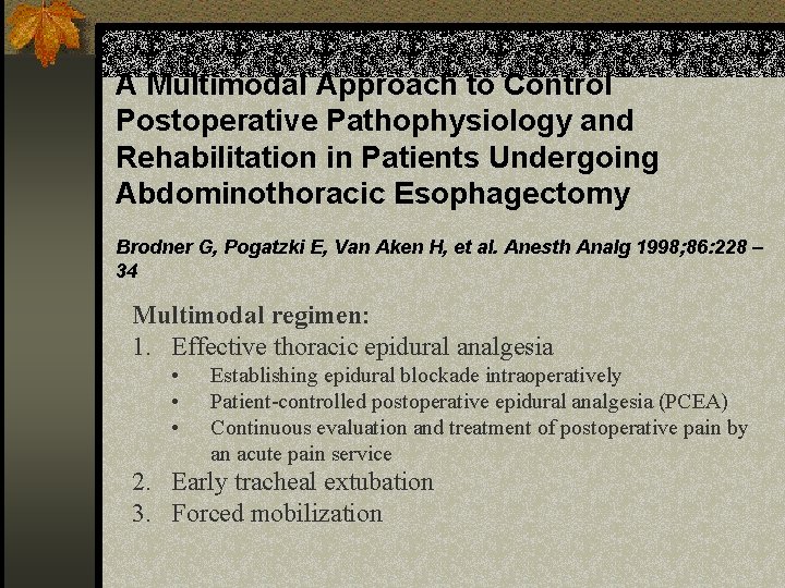 A Multimodal Approach to Control Postoperative Pathophysiology and Rehabilitation in Patients Undergoing Abdominothoracic Esophagectomy