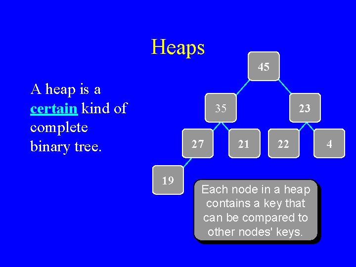 Heaps 45 A heap is a certain kind of complete binary tree. 35 27