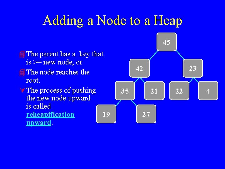 Adding a Node to a Heap 45 4 The parent has a key that