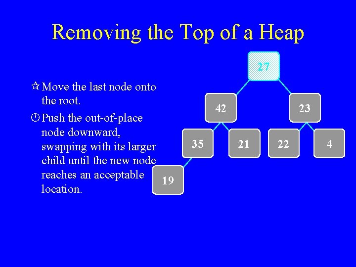 Removing the Top of a Heap 27 ¶ Move the last node onto the