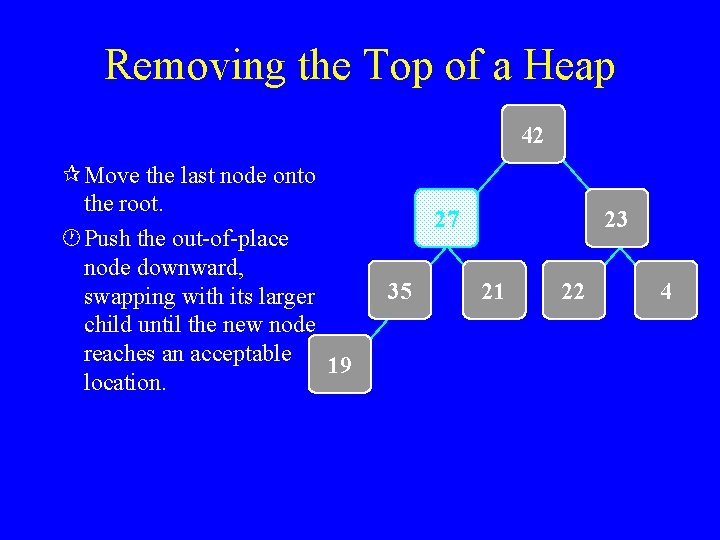 Removing the Top of a Heap 42 ¶ Move the last node onto the