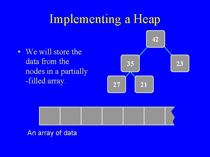 Implementing a Heap 42 • We will store the data from the nodes in