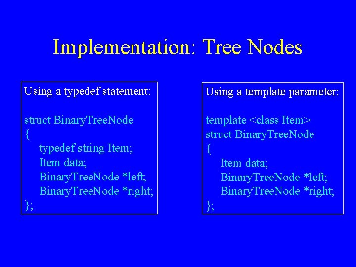 Implementation: Tree Nodes Using a typedef statement: Using a template parameter: struct Binary. Tree.