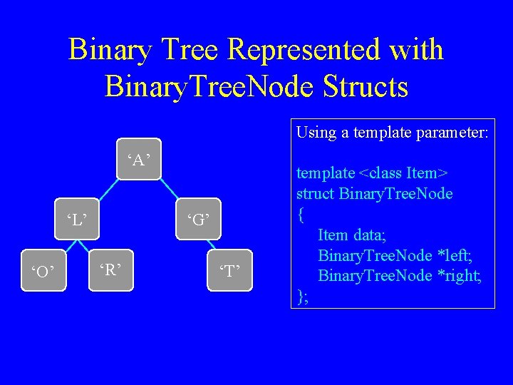 Binary Tree Represented with Binary. Tree. Node Structs Using a template parameter: ‘A’ ‘L’