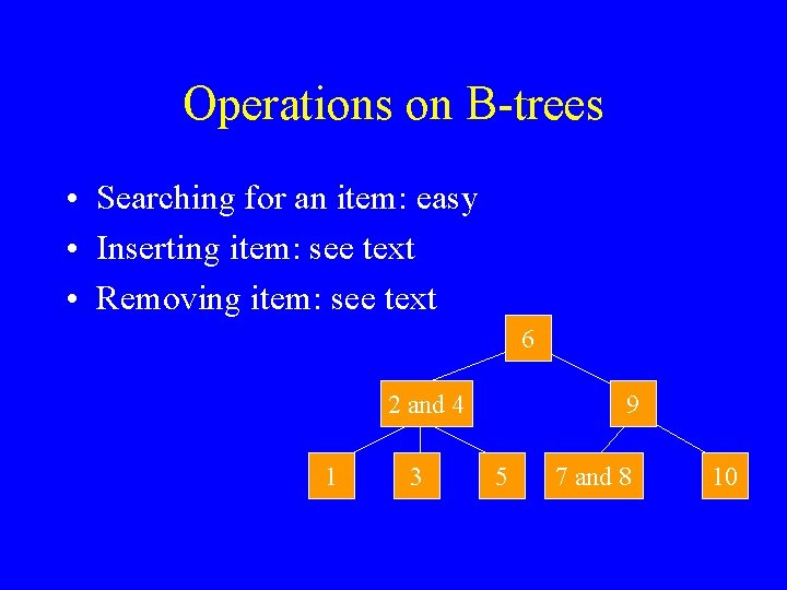 Operations on B-trees • Searching for an item: easy • Inserting item: see text