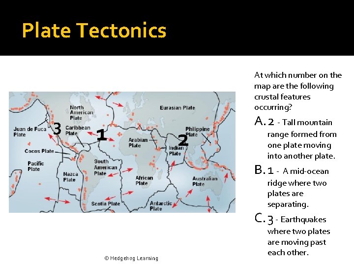 Plate Tectonics At which number on the map are the following crustal features occurring?