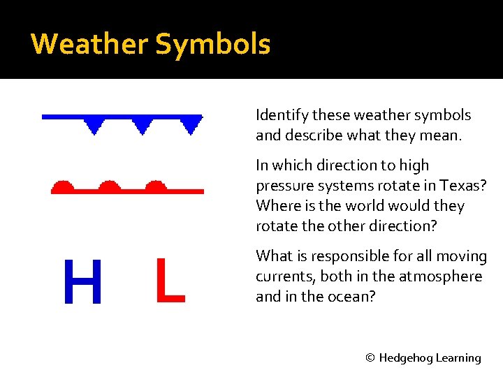 Weather Symbols Identify these weather symbols and describe what they mean. In which direction