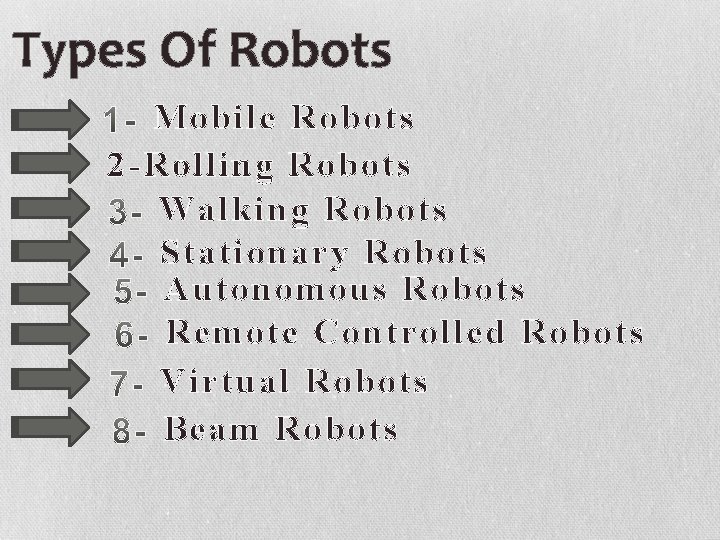 Types Of Robots Mobile Robots 2 -Rolling Robots Walking Robots Stationary Robots Autonomous Robots