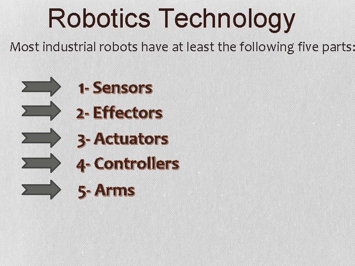 Robotics Technology Most industrial robots have at least the following five parts: 1 -