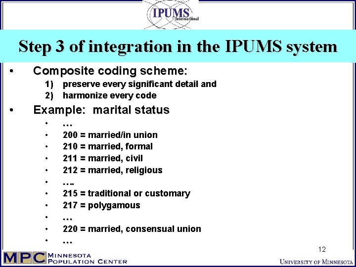 Step 3 of integration in the IPUMS system • Composite coding scheme: 1) 2)