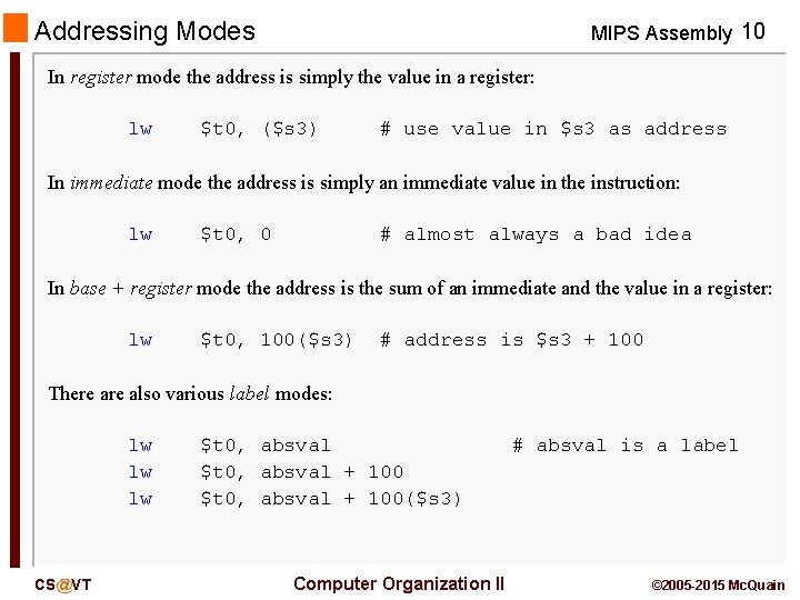 Addressing Modes MIPS Assembly 10 In register mode the address is simply the value