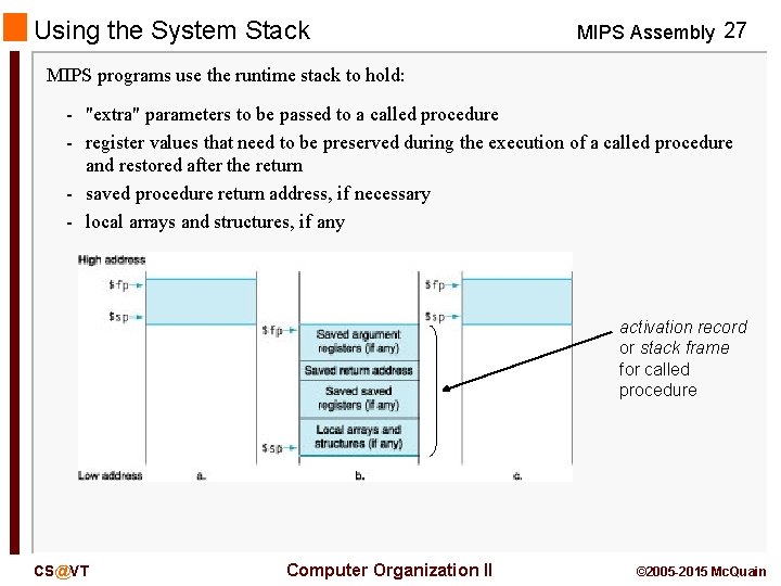 Using the System Stack MIPS Assembly 27 MIPS programs use the runtime stack to
