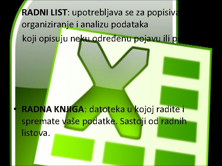  • RADNI LIST: upotrebljava se za popisivanje, organiziranje i analizu podataka koji opisuju