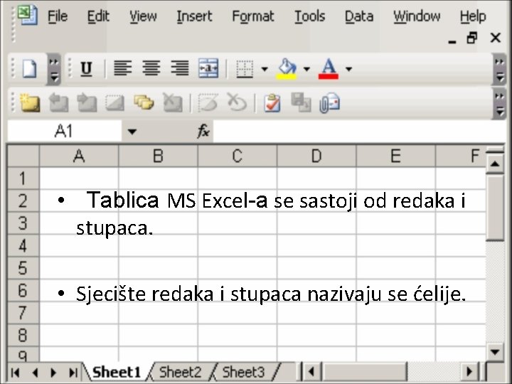  • Tablica MS Excel-a se sastoji od redaka i stupaca. • Sjecište redaka
