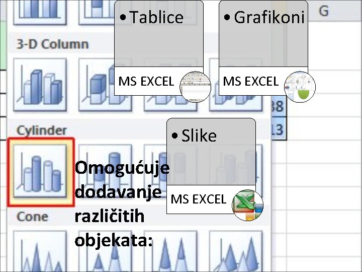  • Tablice • Grafikoni MS EXCEL • Slike Omogućuje dodavanje MS EXCEL različitih