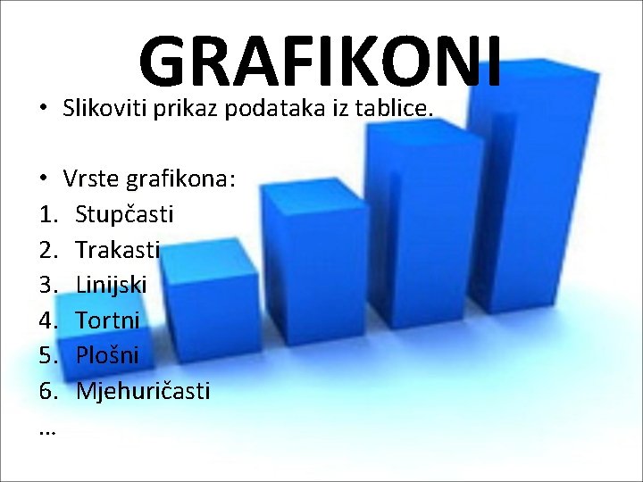 GRAFIKONI • Slikoviti prikaz podataka iz tablice. • Vrste grafikona: grafikona 1. Stupčasti 2.