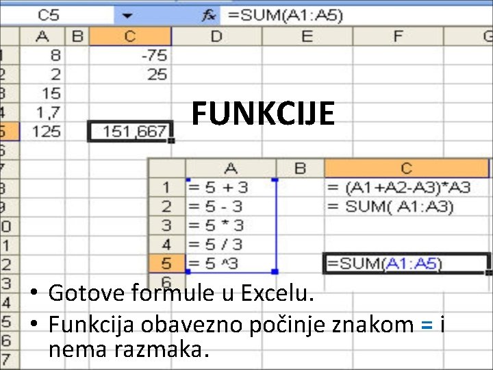FUNKCIJE • Gotove formule u Excelu. • Funkcija obavezno počinje znakom = i nema