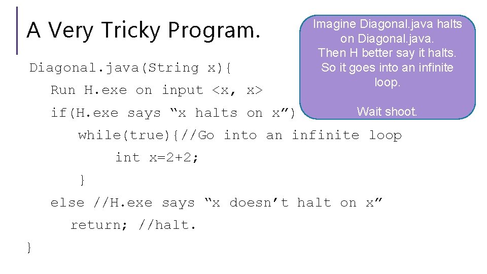 A Very Tricky Program. Diagonal. java(String x){ Run H. exe on input <x, x>