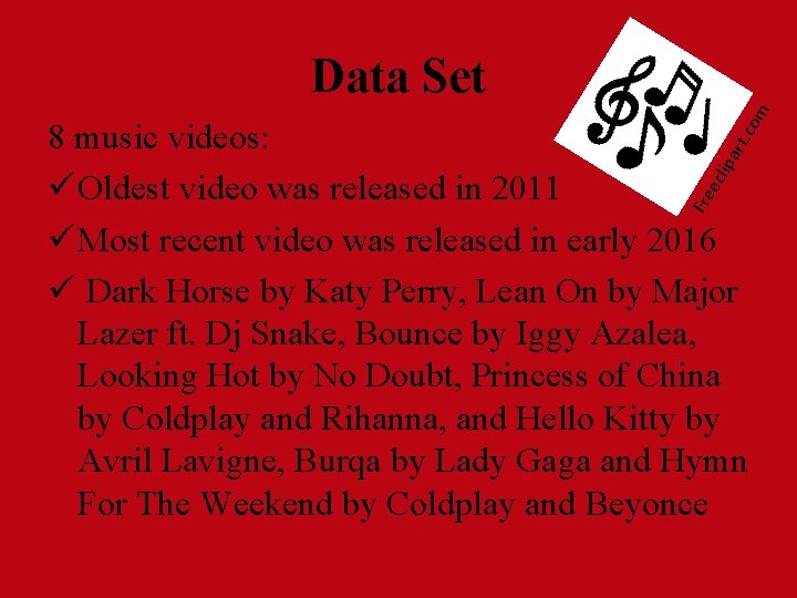 m Data Set Fre ecl ip art . co 8 music videos: ü Oldest