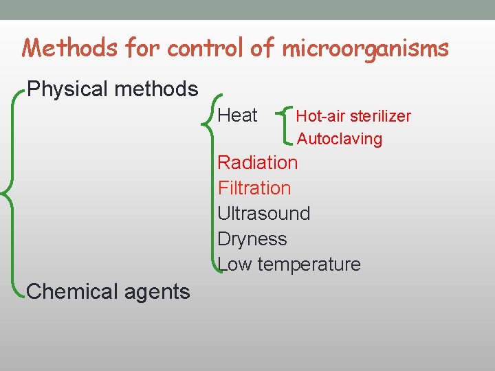 Methods for control of microorganisms Physical methods Heat Hot-air sterilizer Autoclaving Radiation Filtration Ultrasound