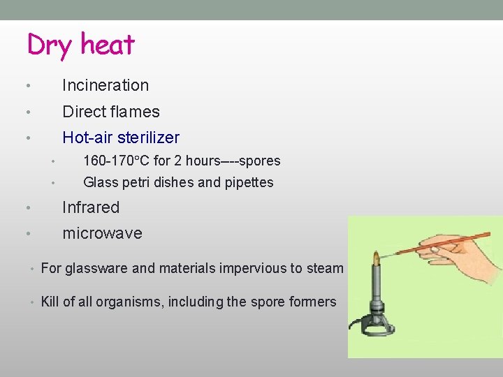 Dry heat • Incineration • Direct flames • Hot-air sterilizer • 160 -170 C