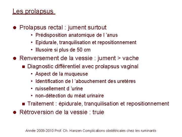 Les prolapsus l Prolapsus rectal : jument surtout • Prédisposition anatomique de l ’anus
