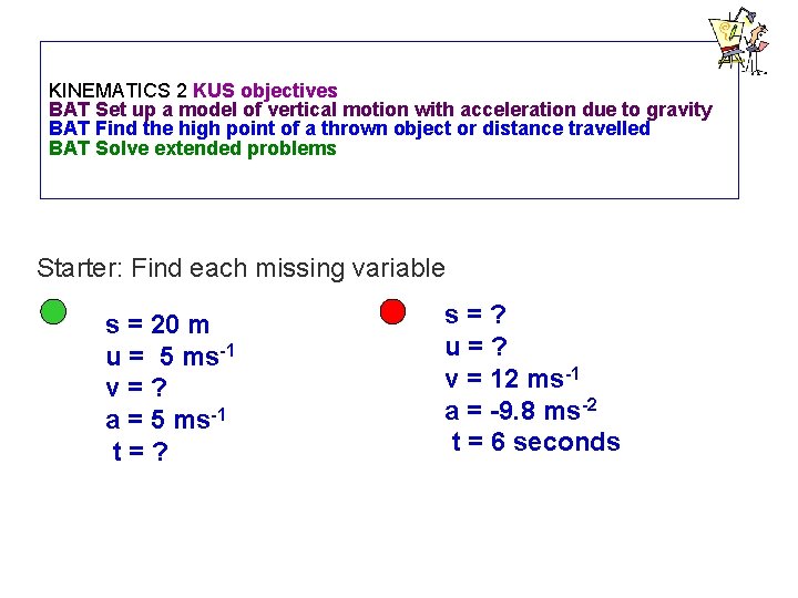 KINEMATICS 2 KUS objectives BAT Set up a model of vertical motion with acceleration