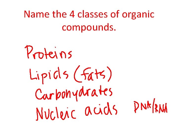 Name the 4 classes of organic compounds. 