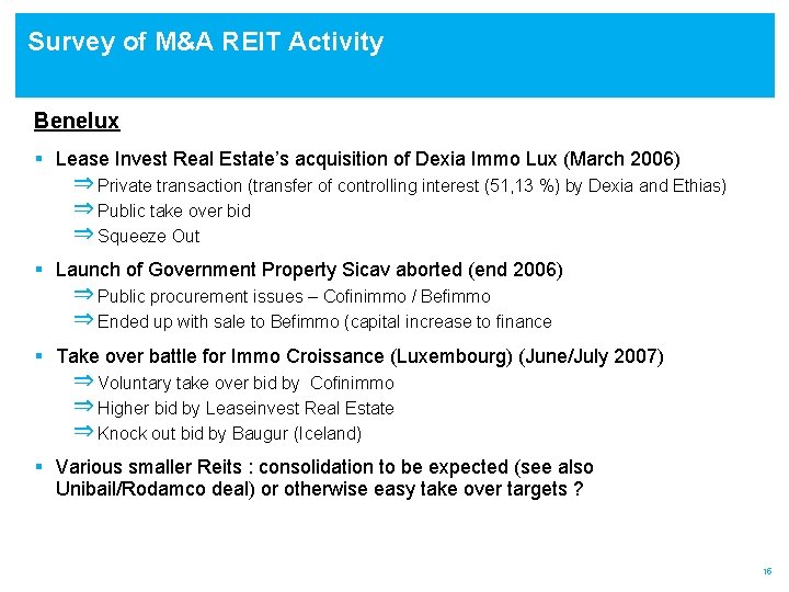 Survey of M&A REIT Activity Benelux § Lease Invest Real Estate’s acquisition of Dexia