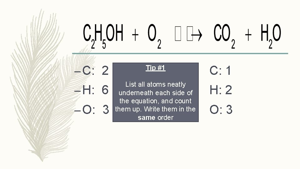 – C: 2 Tip #1 C: 1 – H: 6 List all atoms neatly