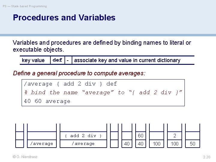 PS — Stack-based Programming Procedures and Variables and procedures are defined by binding names