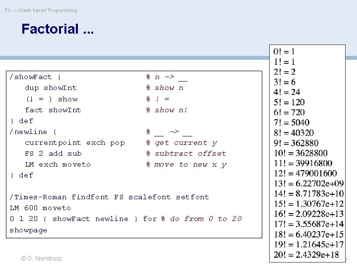 PS — Stack-based Programming Factorial. . . /show. Fact { dup show. Int (!