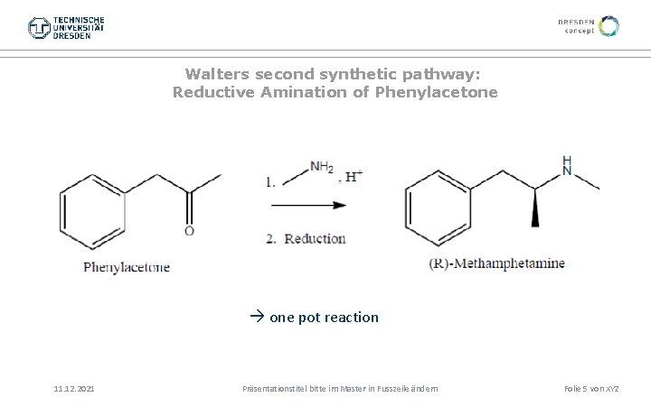 Walters second synthetic pathway: Reductive Amination of Phenylacetone pot reaction 11. 12. 2021 Präsentationstitel