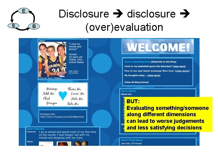 E S B Disclosure disclosure (over)evaluation BUT: Evaluating something/someone along different dimensions can lead